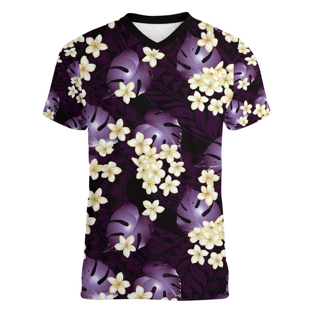 Purple Tropical Hawaii Women V-Neck T-Shirt Seamless Monstera Plumeria Hawaiian Pattern - Polynesian Pride