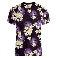 Purple Tropical Hawaii Women V-Neck T-Shirt Seamless Monstera Plumeria Hawaiian Pattern - Polynesian Pride