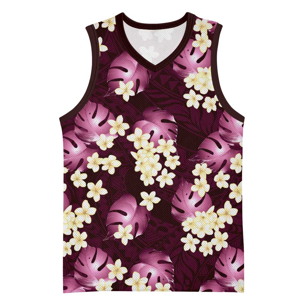 Pink Tropical Hawaii Basketball Jersey Seamless Monstera Plumeria Hawaiian Pattern - Polynesian Pride