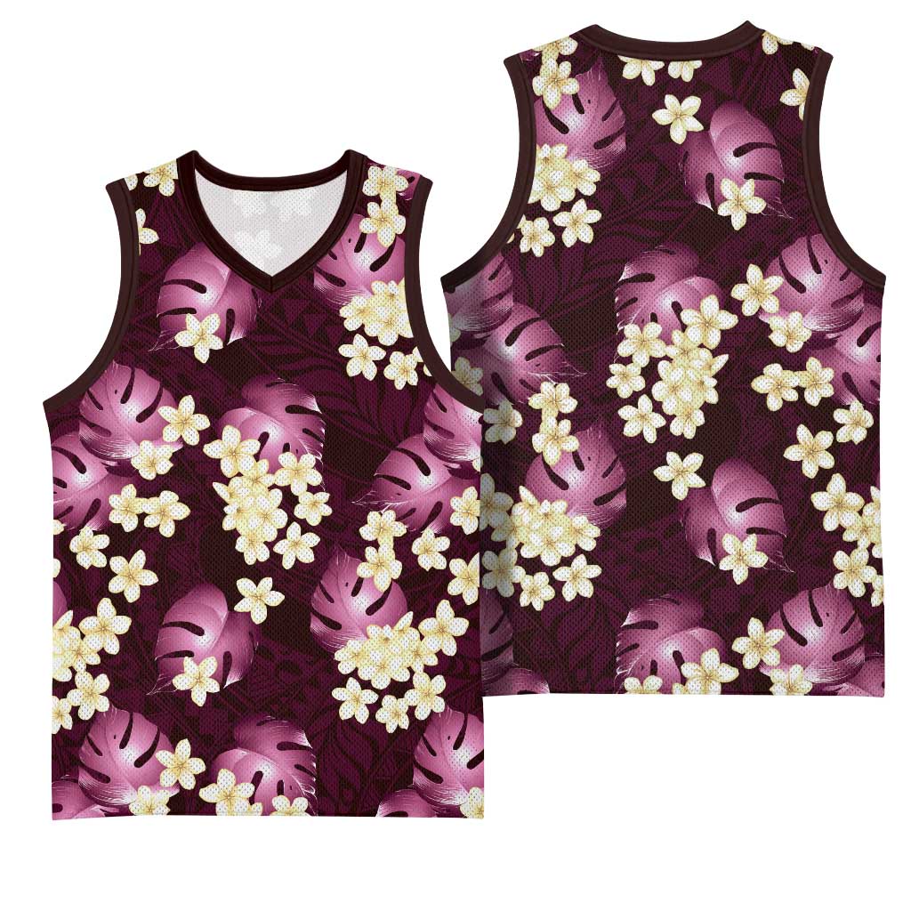 Pink Tropical Hawaii Basketball Jersey Seamless Monstera Plumeria Hawaiian Pattern - Polynesian Pride