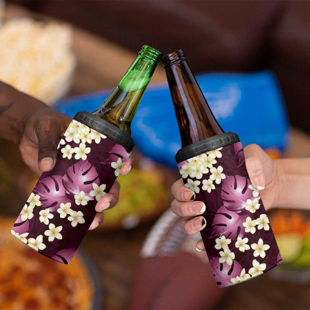 Pink Tropical Hawaii 4 in 1 Can Cooler Tumbler Seamless Monstera Plumeria Hawaiian Pattern - Polynesian Pride