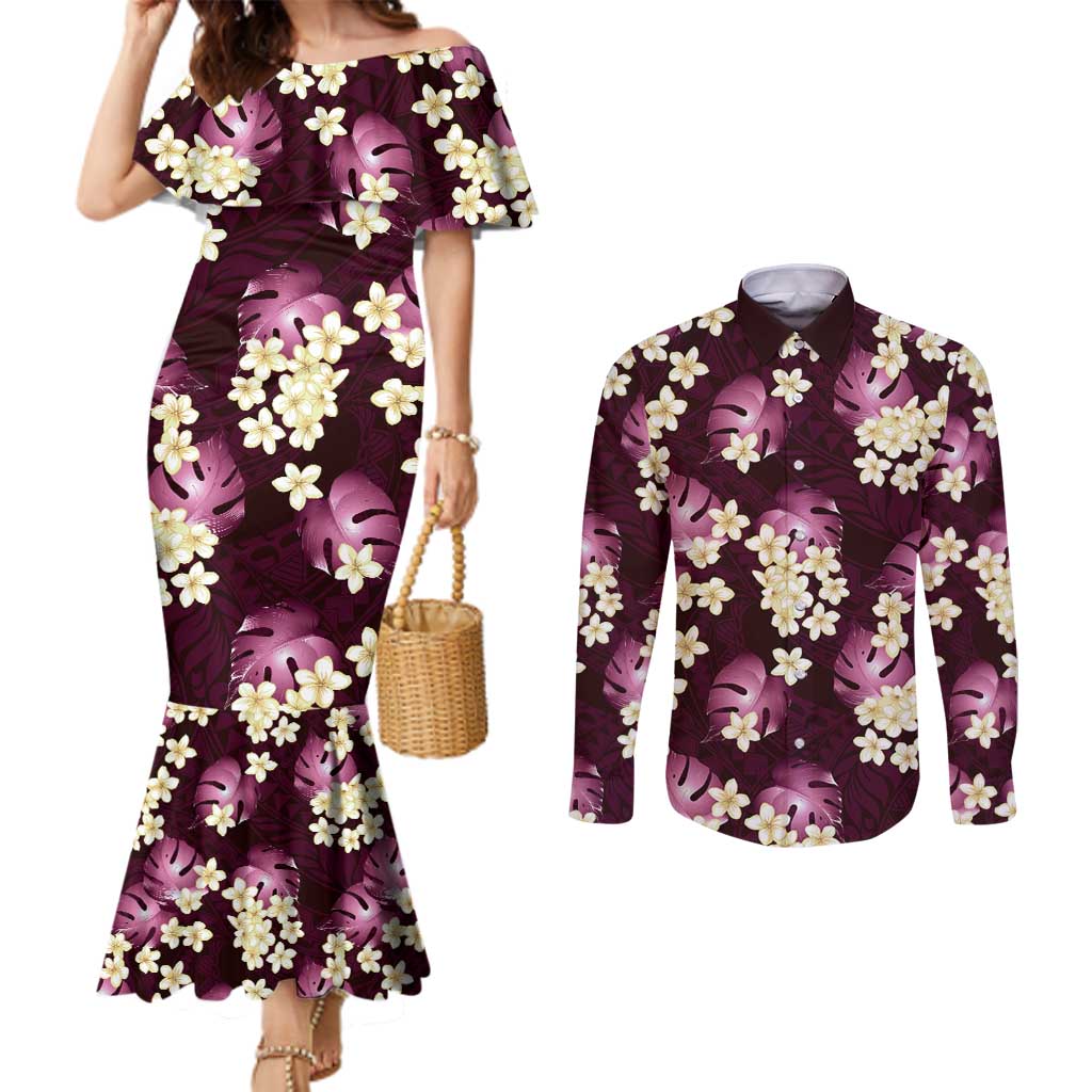 Pink Tropical Hawaii Couples Matching Mermaid Dress and Long Sleeve Button Shirt Seamless Monstera Plumeria Hawaiian Pattern - Polynesian Pride