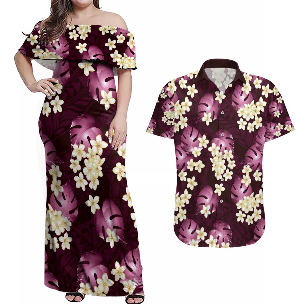 Pink Tropical Hawaii Couples Matching Off Shoulder Maxi Dress and Hawaiian Shirt Seamless Monstera Plumeria Hawaiian Pattern - Polynesian Pride