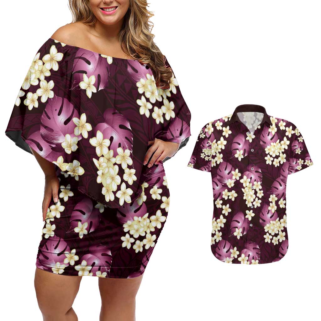 Pink Tropical Hawaii Couples Matching Off Shoulder Short Dress and Hawaiian Shirt Seamless Monstera Plumeria Hawaiian Pattern - Polynesian Pride