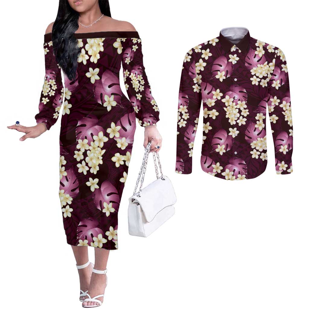 Pink Tropical Hawaii Couples Matching Off The Shoulder Long Sleeve Dress and Long Sleeve Button Shirt Seamless Monstera Plumeria Hawaiian Pattern - Polynesian Pride