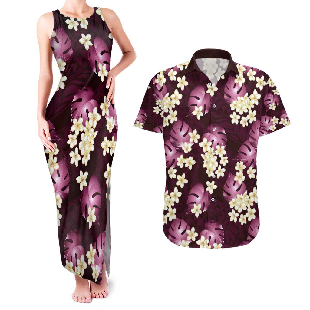 Pink Tropical Hawaii Couples Matching Tank Maxi Dress and Hawaiian Shirt Seamless Monstera Plumeria Hawaiian Pattern - Polynesian Pride