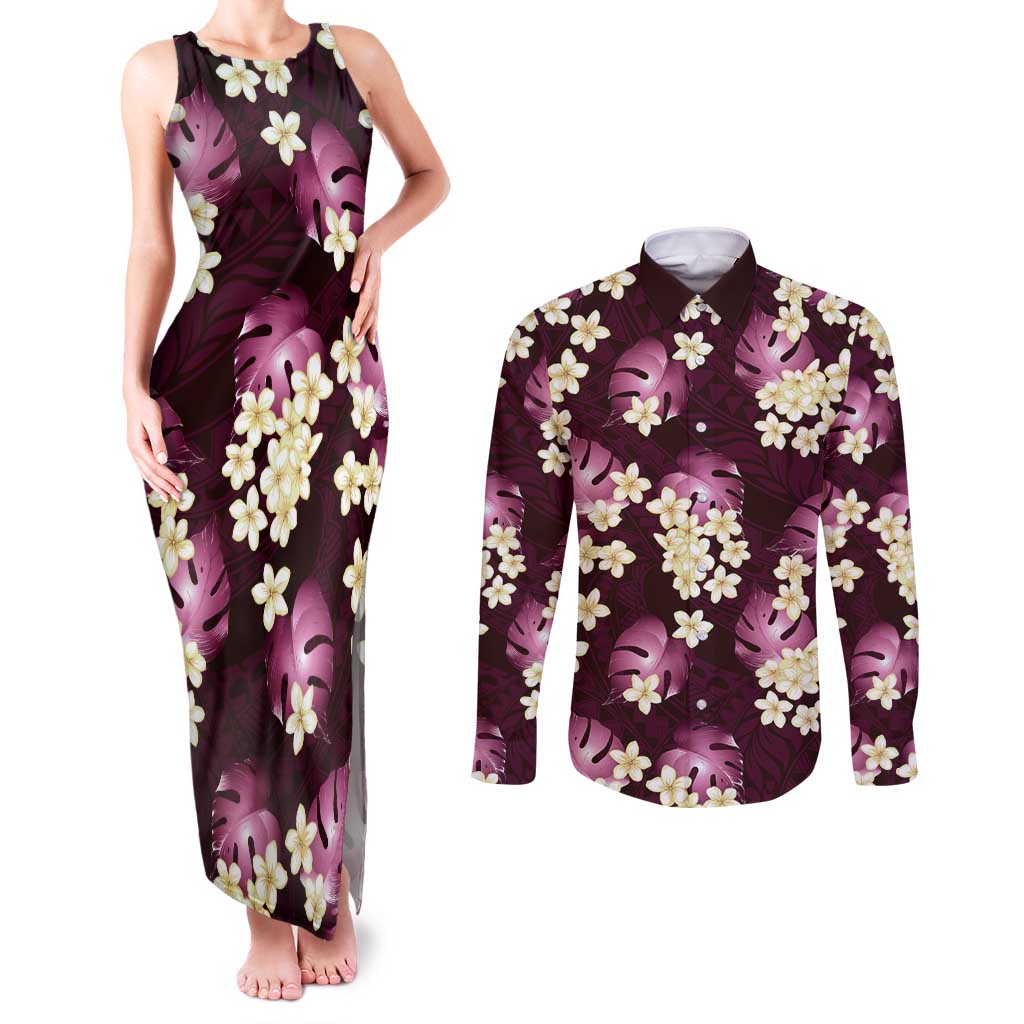 Pink Tropical Hawaii Couples Matching Tank Maxi Dress and Long Sleeve Button Shirt Seamless Monstera Plumeria Hawaiian Pattern - Polynesian Pride