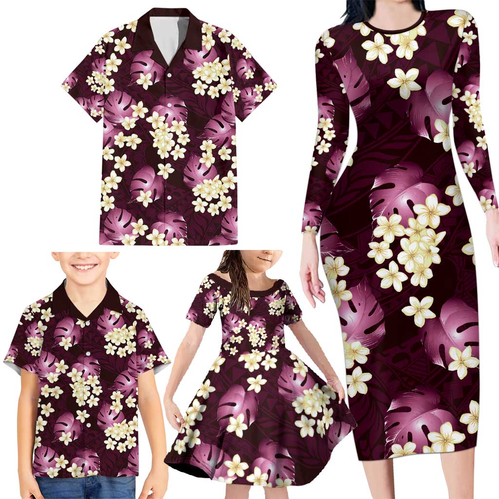 Pink Tropical Hawaii Family Matching Long Sleeve Bodycon Dress and Hawaiian Shirt Seamless Monstera Plumeria Hawaiian Pattern - Polynesian Pride