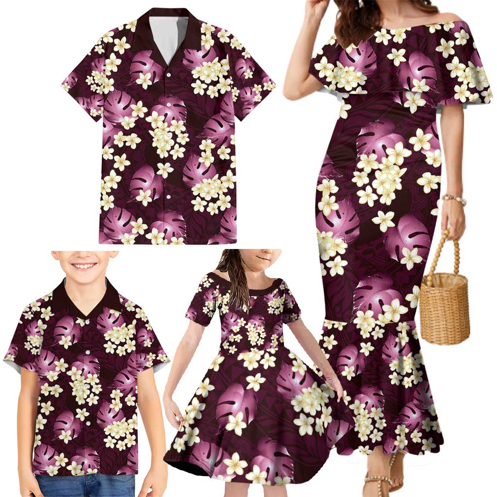 Pink Tropical Hawaii Family Matching Mermaid Dress and Hawaiian Shirt Seamless Monstera Plumeria Hawaiian Pattern - Polynesian Pride
