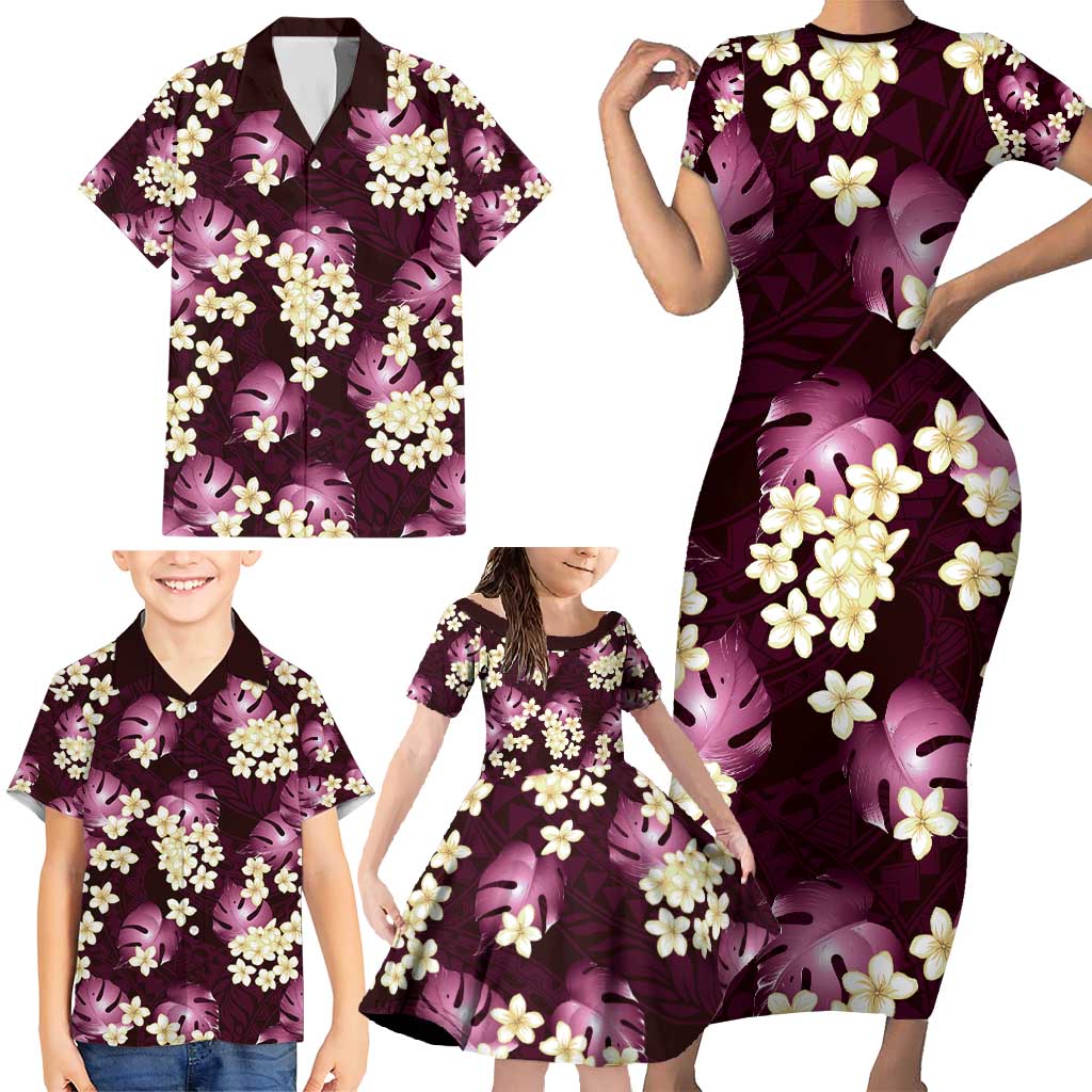 Pink Tropical Hawaii Family Matching Short Sleeve Bodycon Dress and Hawaiian Shirt Seamless Monstera Plumeria Hawaiian Pattern - Polynesian Pride