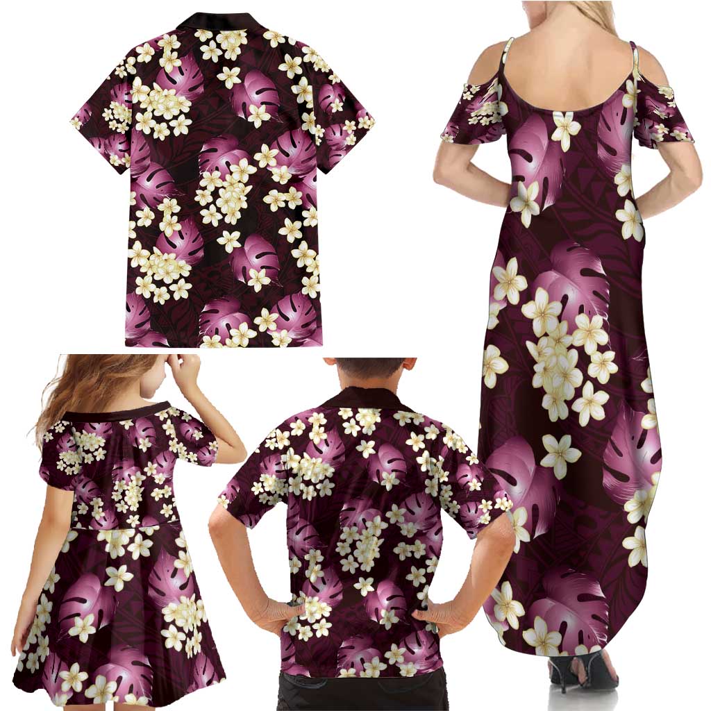 Pink Tropical Hawaii Family Matching Summer Maxi Dress and Hawaiian Shirt Seamless Monstera Plumeria Hawaiian Pattern - Polynesian Pride