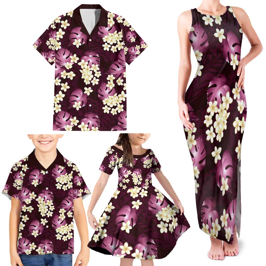 Pink Tropical Hawaii Family Matching Tank Maxi Dress and Hawaiian Shirt Seamless Monstera Plumeria Hawaiian Pattern - Polynesian Pride