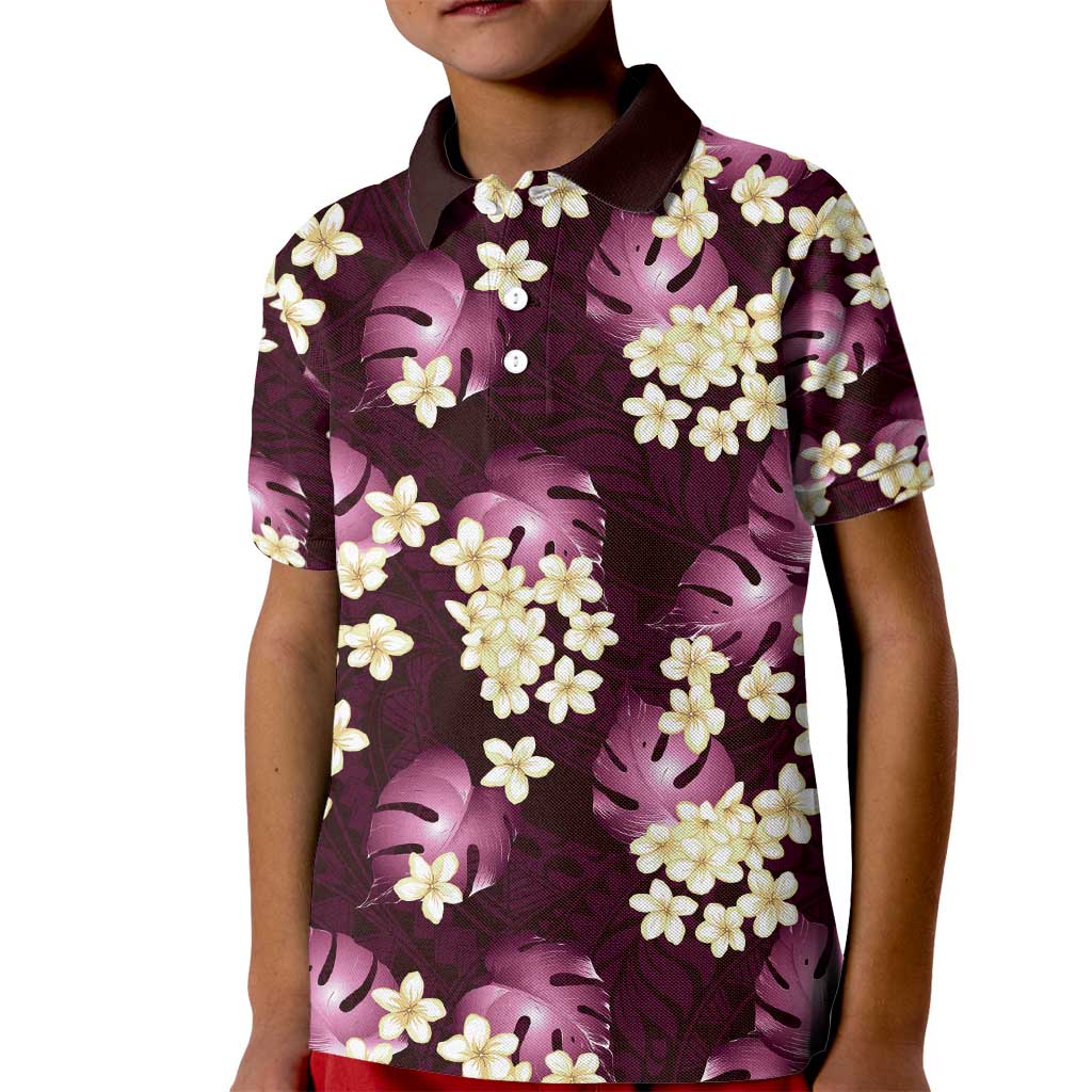 Pink Tropical Hawaii Kid Polo Shirt Seamless Monstera Plumeria Hawaiian Pattern - Polynesian Pride