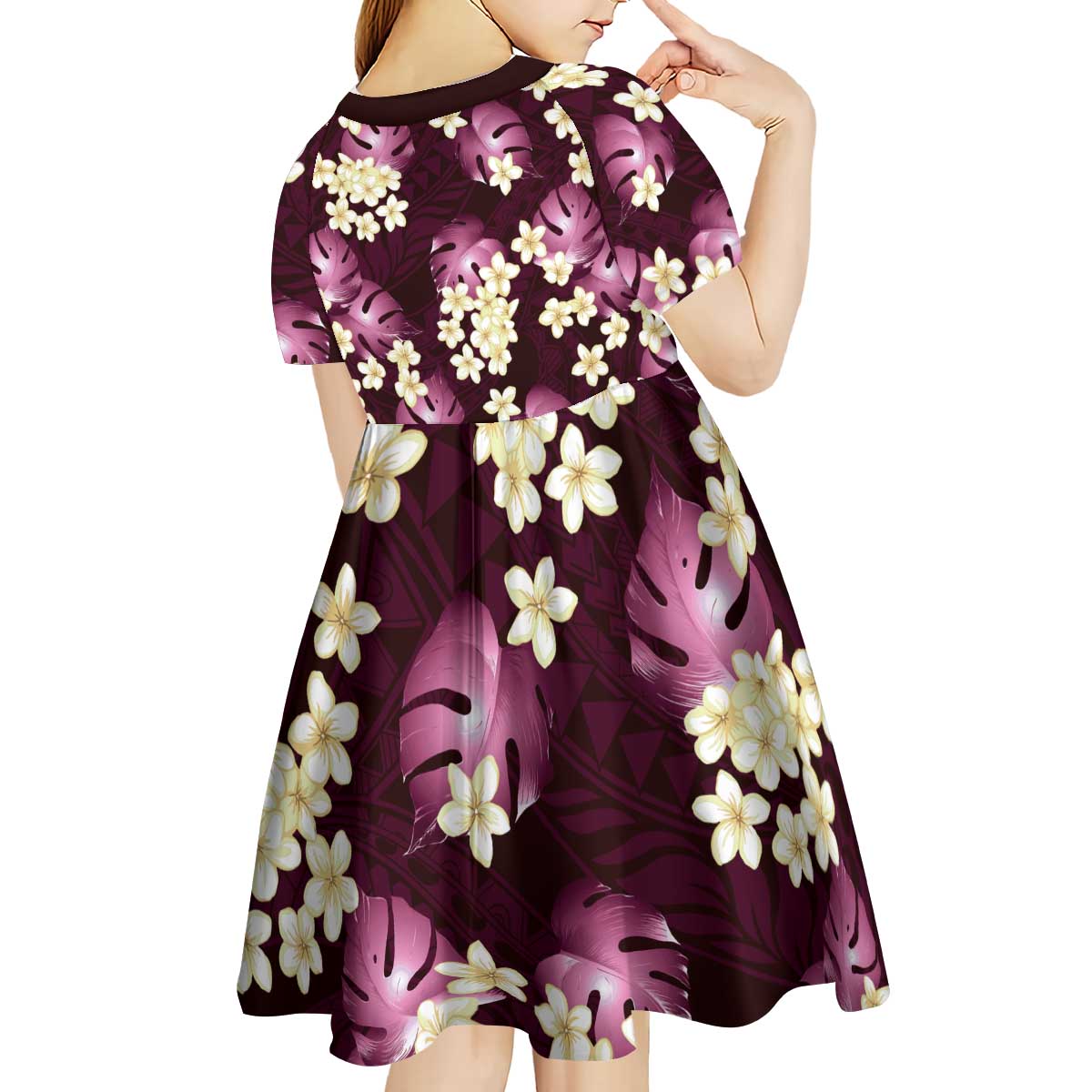 Pink Tropical Hawaii Kid Short Sleeve Dress Seamless Monstera Plumeria Hawaiian Pattern - Polynesian Pride