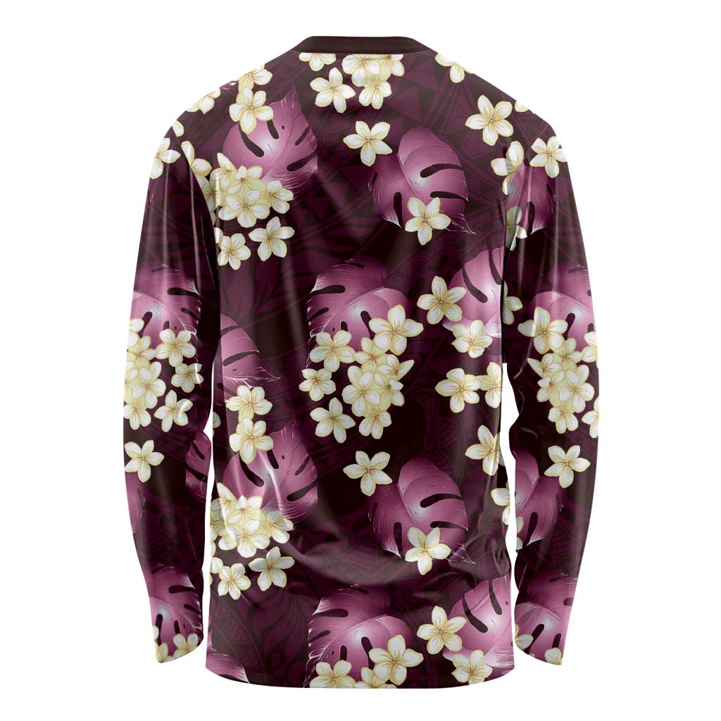 Pink Tropical Hawaii Long Sleeve Shirt Seamless Monstera Plumeria Hawaiian Pattern - Polynesian Pride
