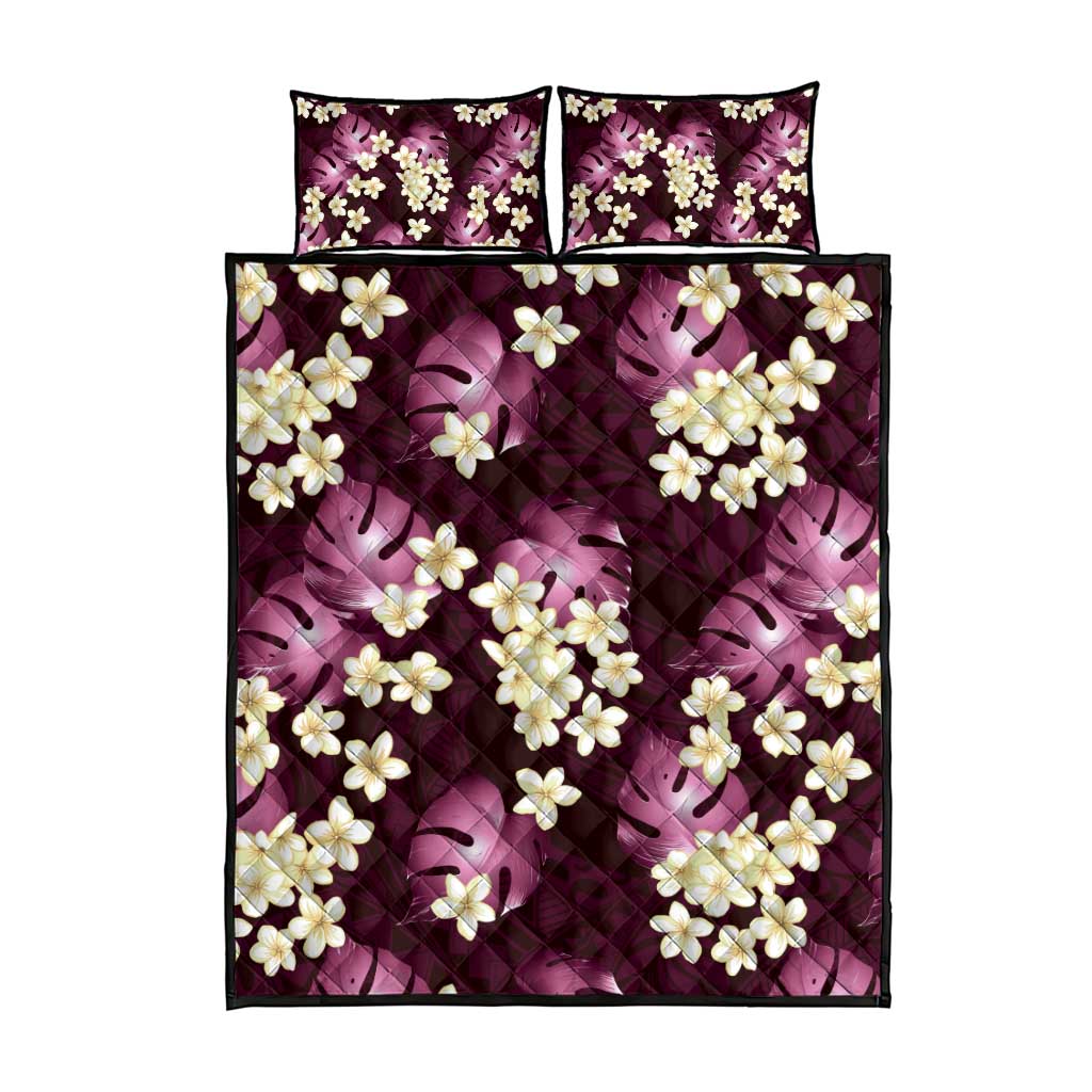 Pink Tropical Hawaii Quilt Bed Set Seamless Monstera Plumeria Hawaiian Pattern - Polynesian Pride