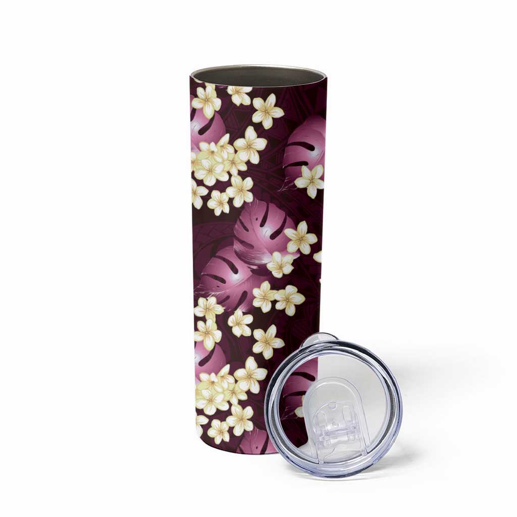 Pink Tropical Hawaii Skinny Tumbler Seamless Monstera Plumeria Hawaiian Pattern - Polynesian Pride