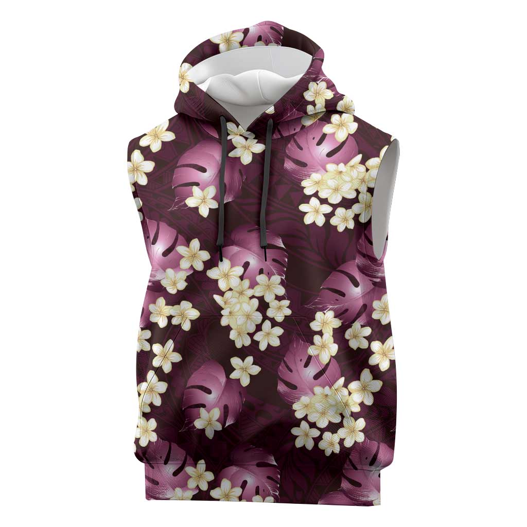 Pink Tropical Hawaii Sleeveless Hoodie Seamless Monstera Plumeria Hawaiian Pattern - Polynesian Pride