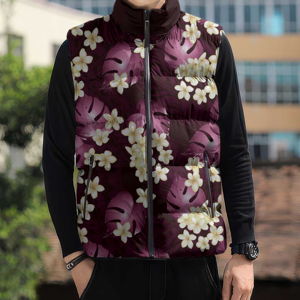 Pink Tropical Hawaii Sleeveless Puffer Jacket Seamless Monstera Plumeria Hawaiian Pattern - Polynesian Pride