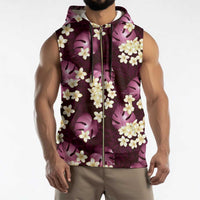 Pink Tropical Hawaii Sleeveless Zip Hoodie Seamless Monstera Plumeria Hawaiian Pattern - Polynesian Pride