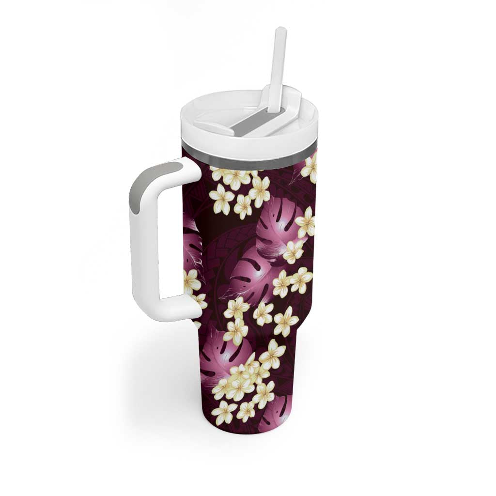 Pink Tropical Hawaii Tumbler With Handle Seamless Monstera Plumeria Hawaiian Pattern - Polynesian Pride