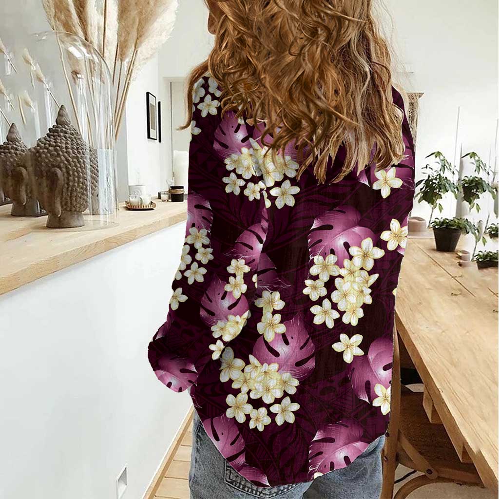 Pink Tropical Hawaii Women Casual Shirt Seamless Monstera Plumeria Hawaiian Pattern - Polynesian Pride