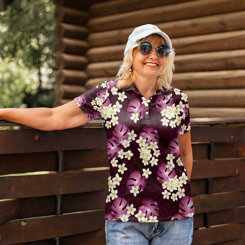 Pink Tropical Hawaii Women Polo Shirt Seamless Monstera Plumeria Hawaiian Pattern - Polynesian Pride