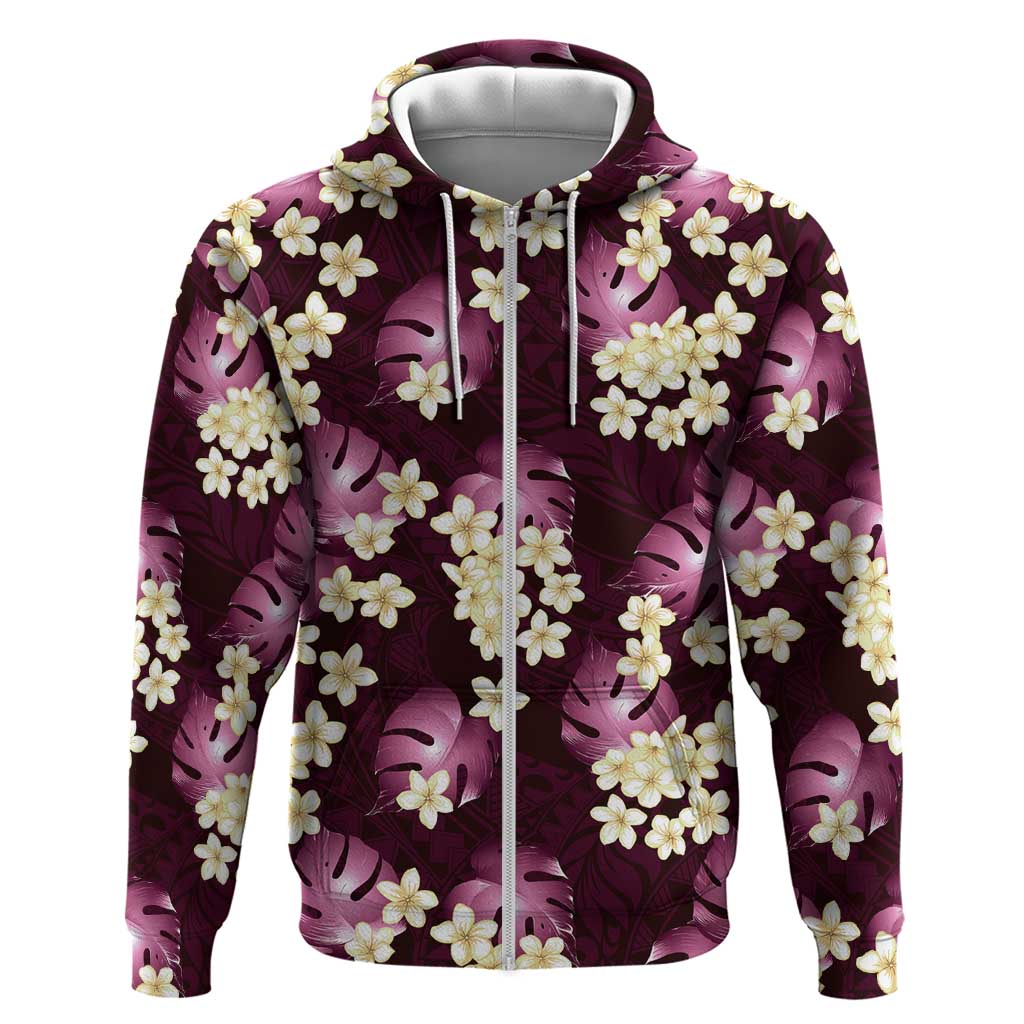 Pink Tropical Hawaii Zip Hoodie Seamless Monstera Plumeria Hawaiian Pattern - Polynesian Pride