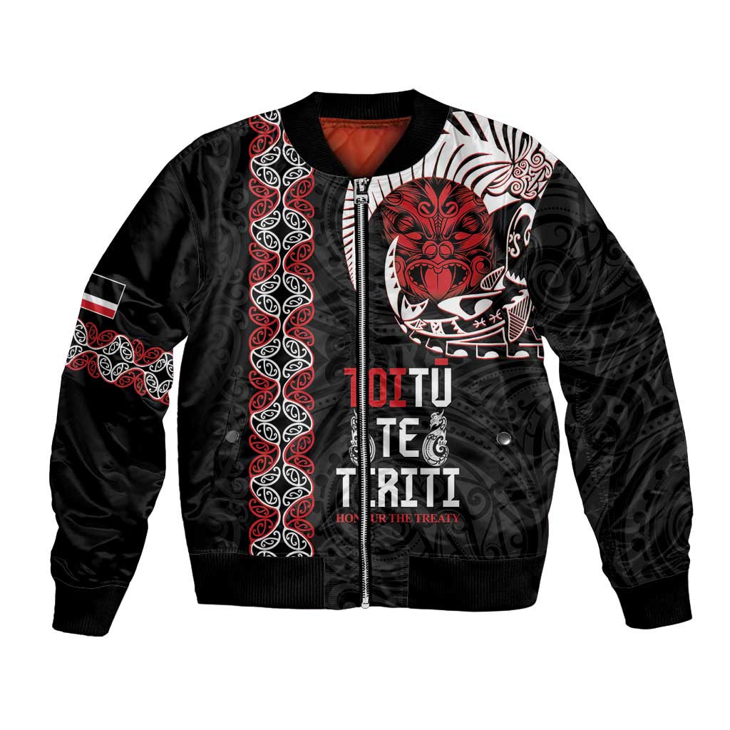 Aotearoa Toitu Te Tiriti Bomber Jacket Honour The Treaty Maori Haka LT14 Unisex Black - Polynesian Pride