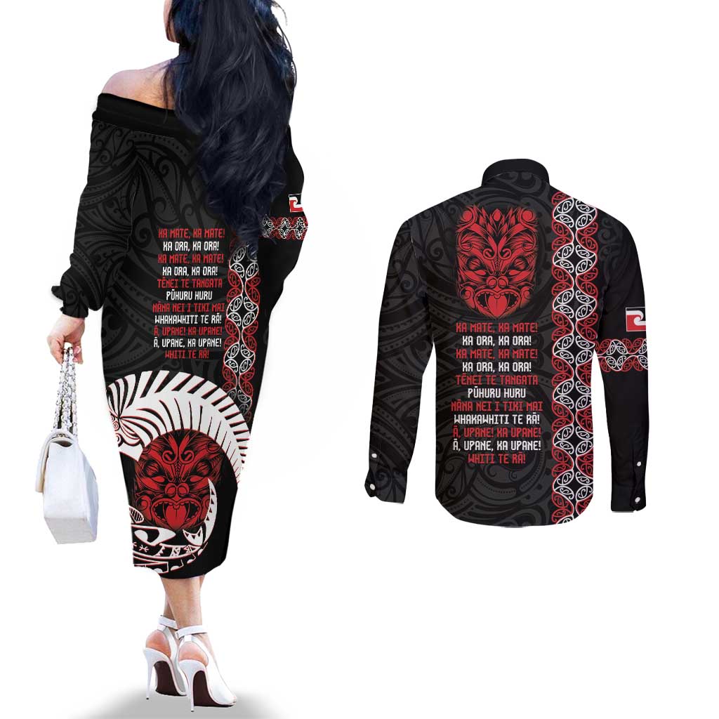 Aotearoa Toitu Te Tiriti Couples Matching Off The Shoulder Long Sleeve Dress and Long Sleeve Button Shirt Honour The Treaty Maori Haka