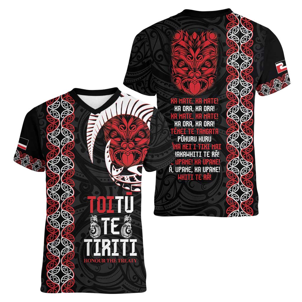 Aotearoa Toitu Te Tiriti Women V-Neck T-Shirt Honour The Treaty Maori Haka