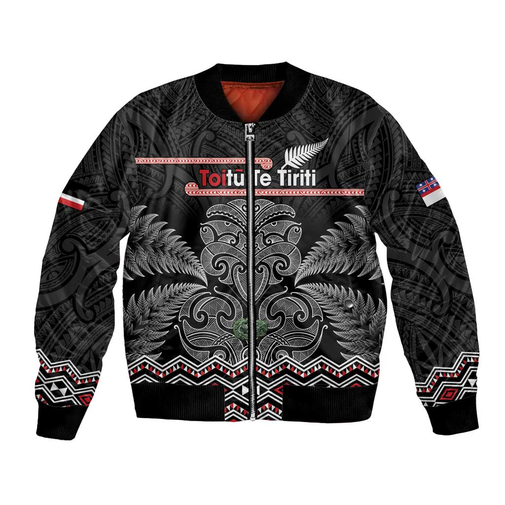 Aotearoa Toitu Te Tiriti Bomber Jacket Stand Together! Stand Stronger! - NZ Tiki LT14 Unisex Black - Polynesian Pride