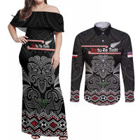 Aotearoa Toitu Te Tiriti Couples Matching Off Shoulder Maxi Dress and Long Sleeve Button Shirt Stand Together! Stand Stronger! - NZ Tiki