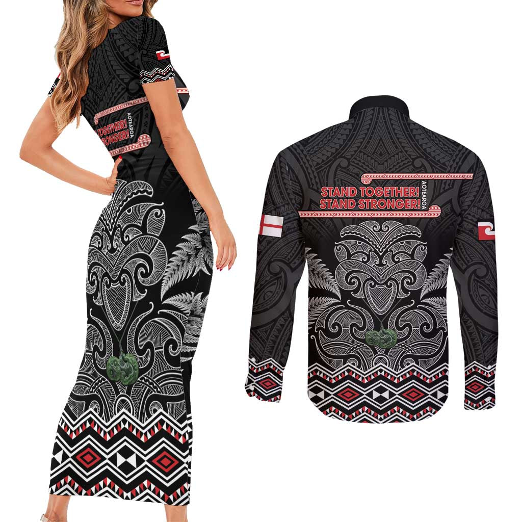 Aotearoa Toitu Te Tiriti Couples Matching Short Sleeve Bodycon Dress and Long Sleeve Button Shirt Stand Together! Stand Stronger! - NZ Tiki
