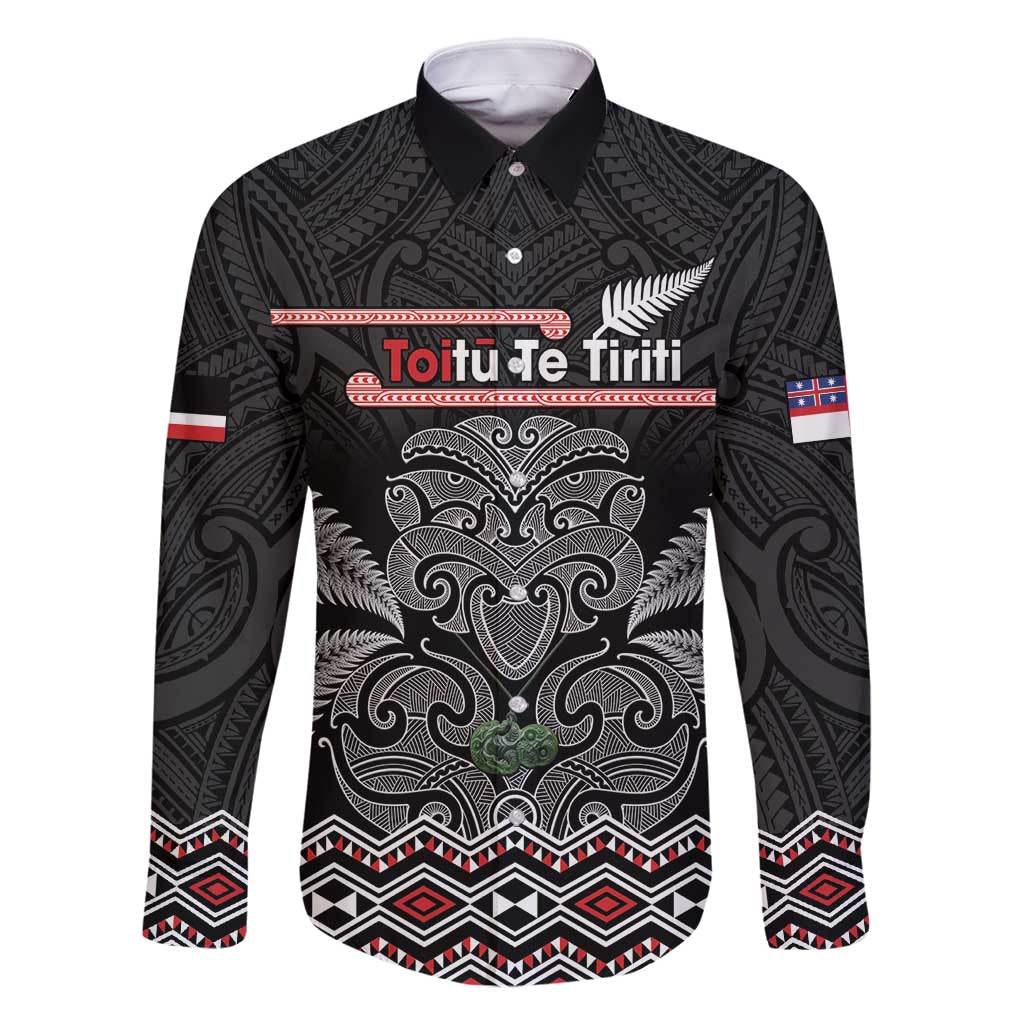 Aotearoa Toitu Te Tiriti Family Matching Tank Maxi Dress and Hawaiian Shirt Stand Together! Stand Stronger! - NZ Tiki LT14 Dad's Shirt - Long Sleeve Black - Polynesian Pride