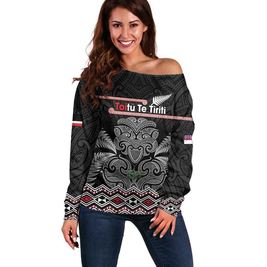 Aotearoa Toitu Te Tiriti Off Shoulder Sweater Stand Together! Stand Stronger! - NZ Tiki LT14 Women Black - Polynesian Pride