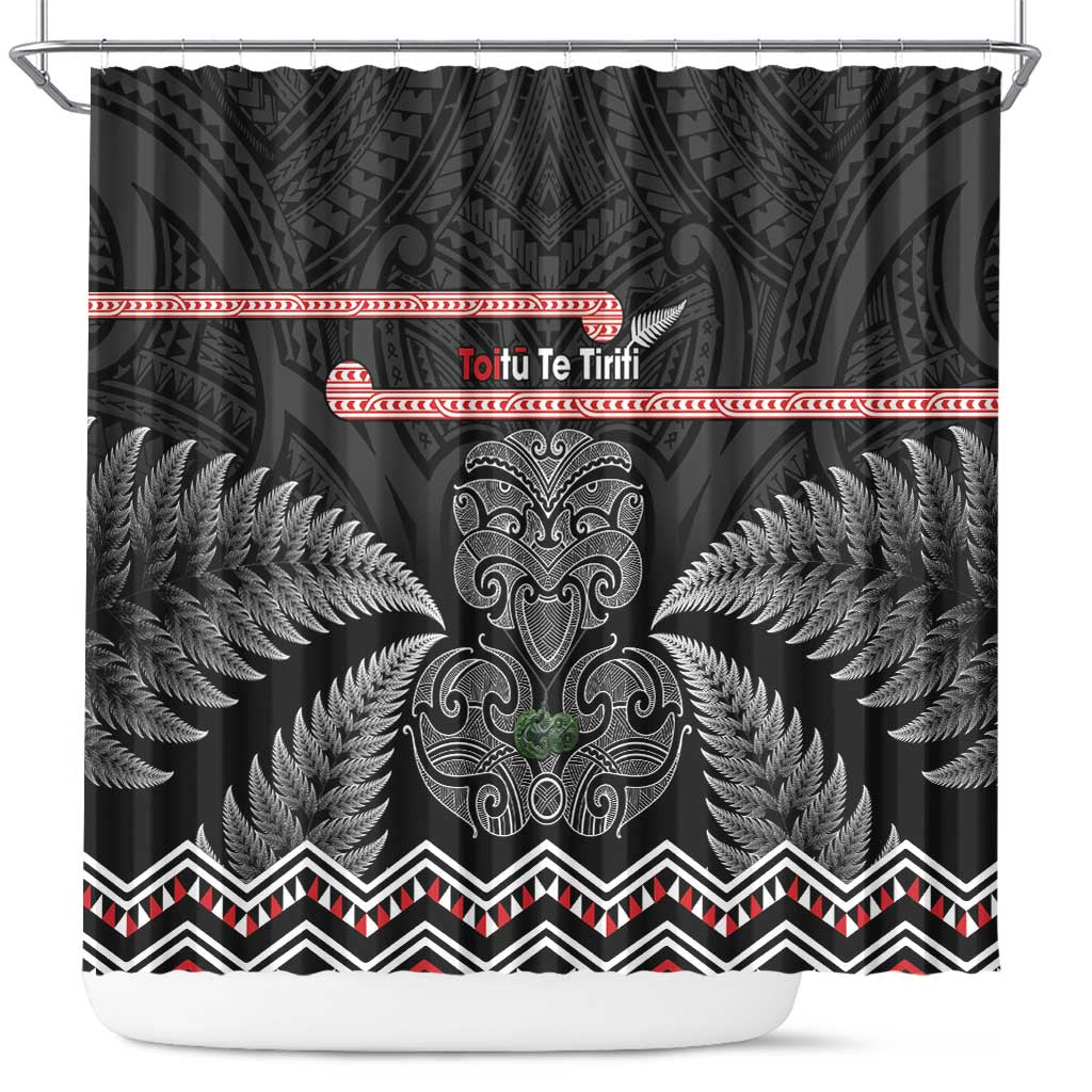 Aotearoa Toitu Te Tiriti Shower Curtain Stand Together! Stand Stronger! - NZ Tiki LT14 Black - Polynesian Pride