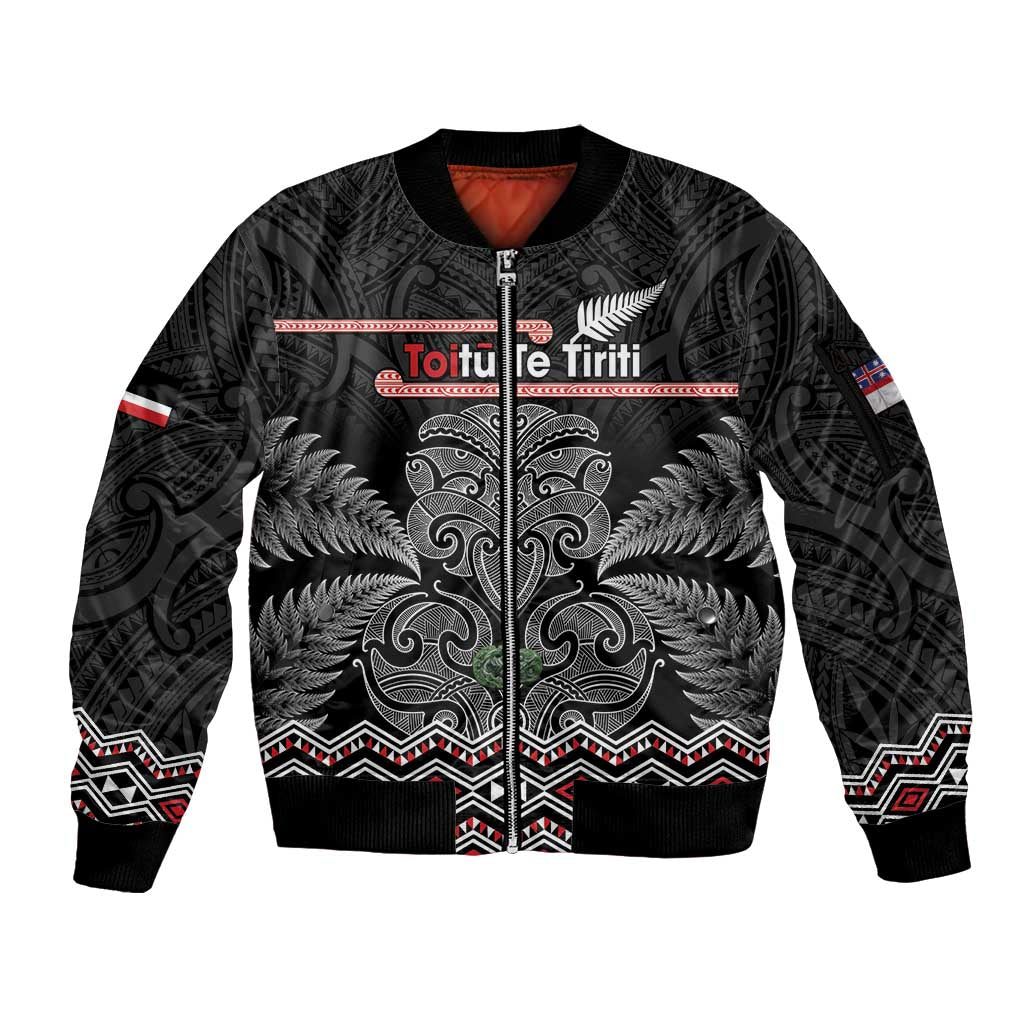 Aotearoa Toitu Te Tiriti Sleeve Zip Bomber Jacket Stand Together! Stand Stronger! - NZ Tiki LT14 Unisex Black - Polynesian Pride