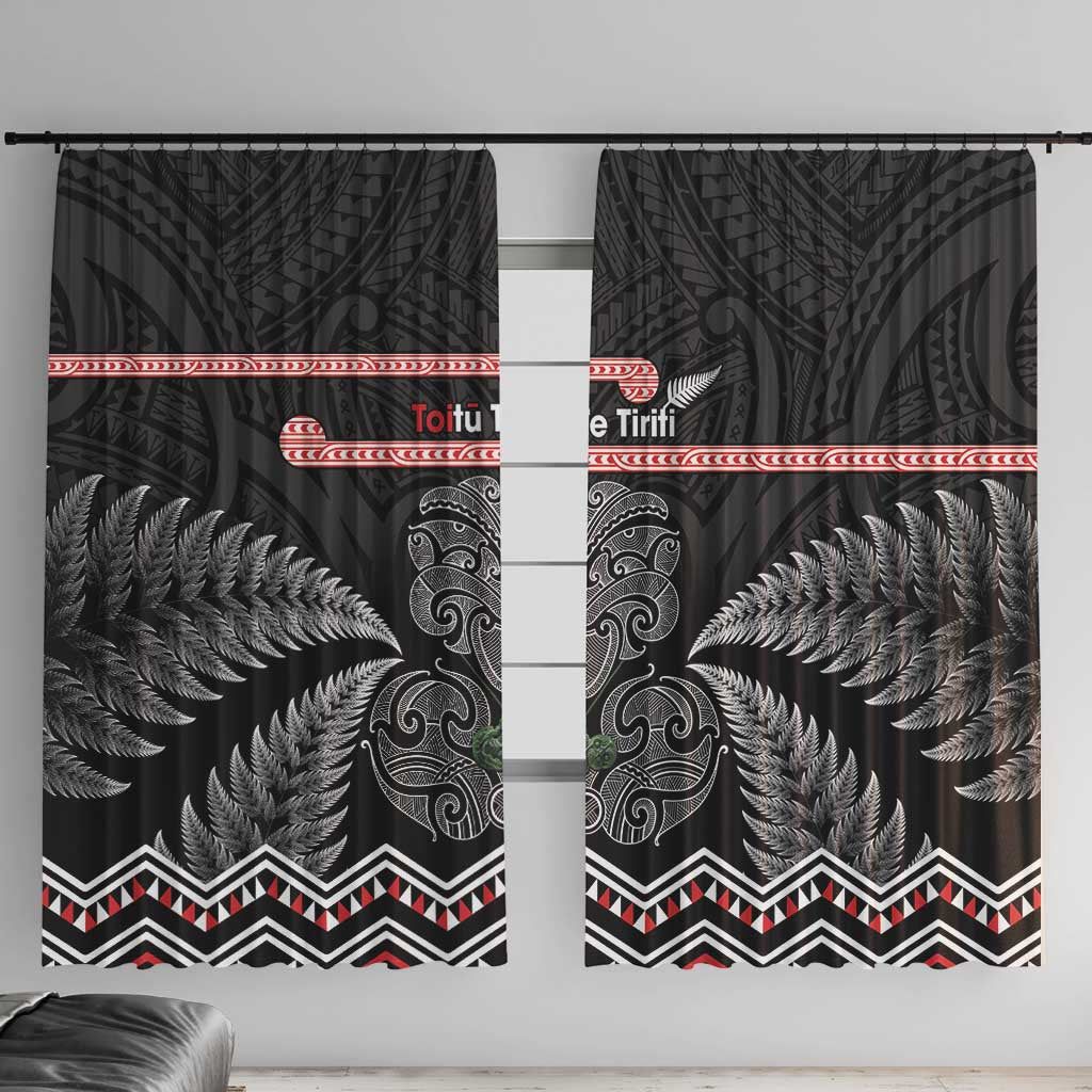 Aotearoa Toitu Te Tiriti Window Curtain Stand Together! Stand Stronger! - NZ Tiki LT14 With Hooks Black - Polynesian Pride