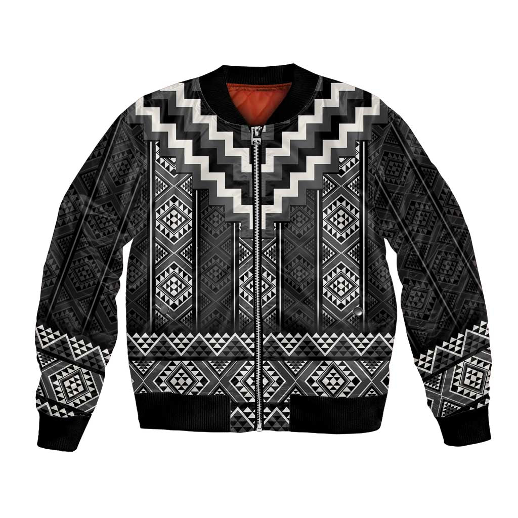 Black Taniko Aotearoa Bomber Jacket Niho Taniwha Mix Poutama LT14 Unisex Black - Polynesian Pride