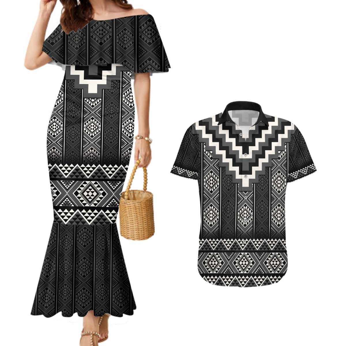 Black Taniko Aotearoa Couples Matching Mermaid Dress and Hawaiian Shirt Niho Taniwha Mix Poutama LT14 Black - Polynesian Pride