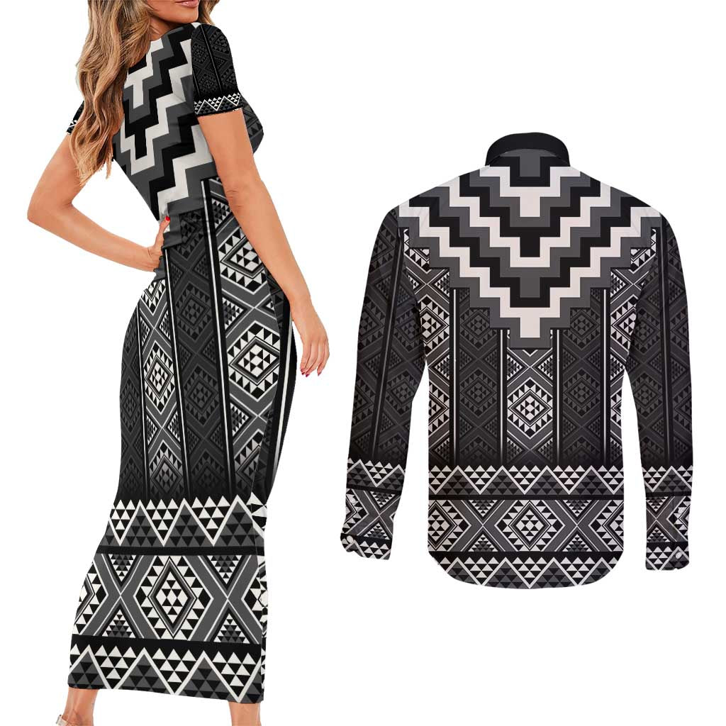Black Taniko Aotearoa Couples Matching Short Sleeve Bodycon Dress and Long Sleeve Button Shirt Niho Taniwha Mix Poutama LT14