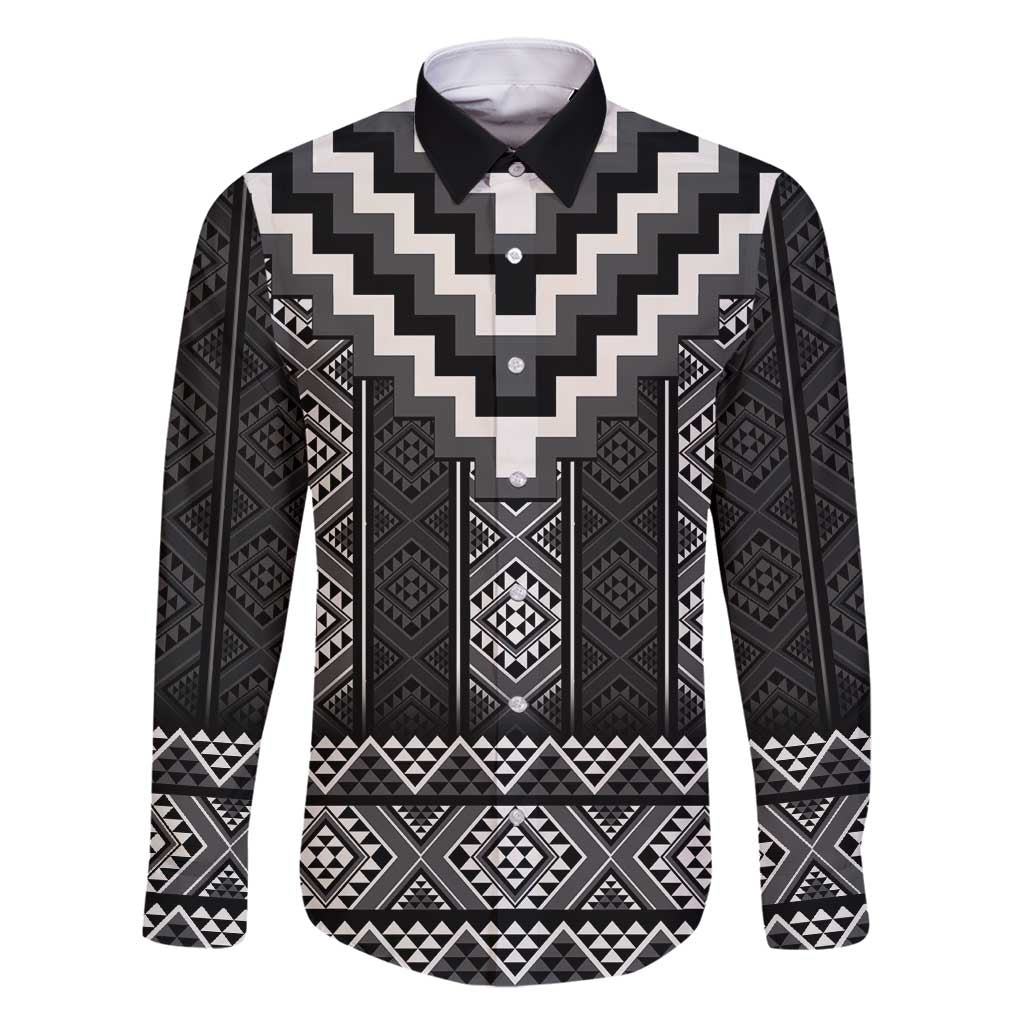Black Taniko Aotearoa Family Matching Summer Maxi Dress and Hawaiian Shirt Niho Taniwha Mix Poutama LT14 Dad's Shirt - Long Sleeve Black - Polynesian Pride