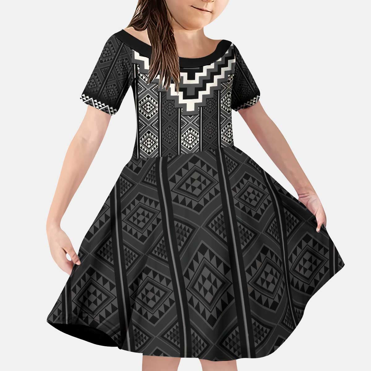 Black Taniko Aotearoa Kid Short Sleeve Dress Niho Taniwha Mix Poutama LT14 KID Black - Polynesian Pride