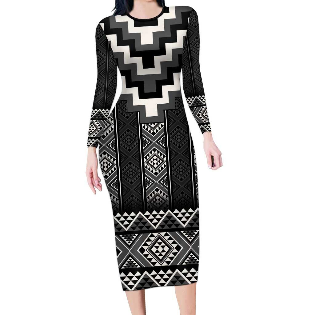Black Taniko Aotearoa Long Sleeve Bodycon Dress Niho Taniwha Mix Poutama LT14 Long Dress Black - Polynesian Pride