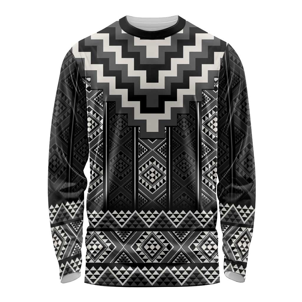 Black Taniko Aotearoa Long Sleeve Shirt Niho Taniwha Mix Poutama LT14 Unisex Black - Polynesian Pride