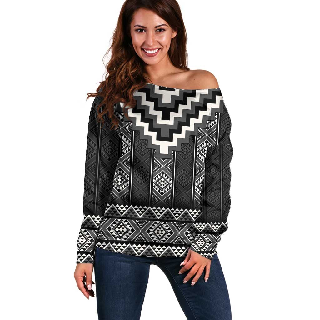 Black Taniko Aotearoa Off Shoulder Sweater Niho Taniwha Mix Poutama LT14 Women Black - Polynesian Pride
