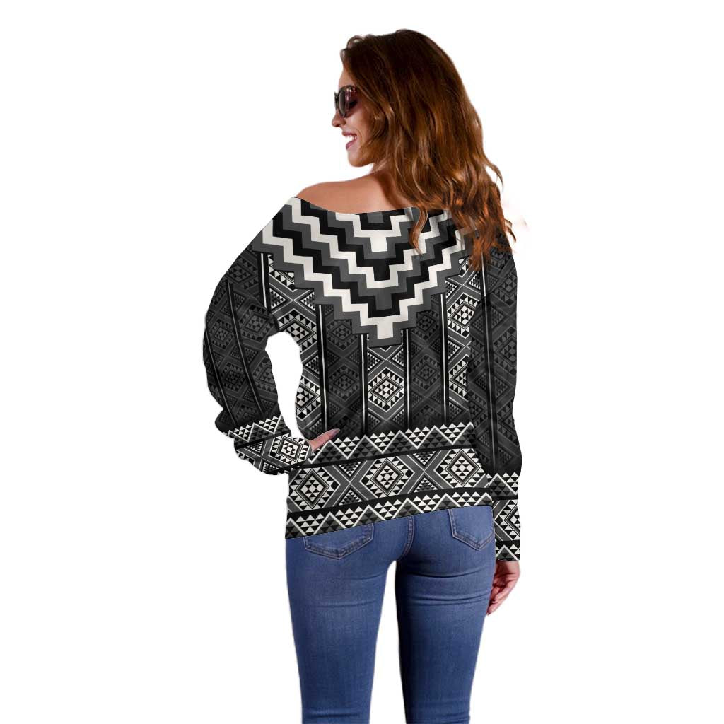 Black Taniko Aotearoa Off Shoulder Sweater Niho Taniwha Mix Poutama LT14