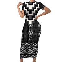 Black Taniko Aotearoa Short Sleeve Bodycon Dress Niho Taniwha Mix Poutama LT14 Long Dress Black - Polynesian Pride