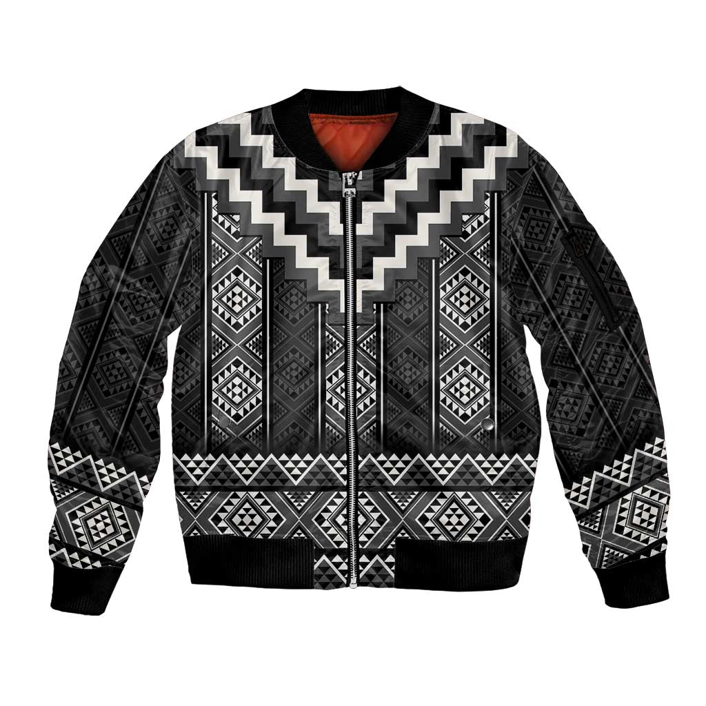 Black Taniko Aotearoa Sleeve Zip Bomber Jacket Niho Taniwha Mix Poutama LT14 Unisex Black - Polynesian Pride